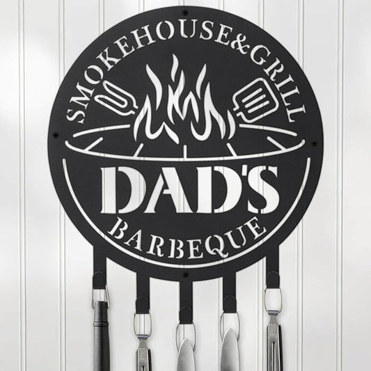 Qmetalart Metal BBQ Sign with Utensil Hangers Smokehouse Wall Art for Outdoor Grill Area Patio Backyard Decor Barbecue Grill Gift for Dad, Grandpa, Papa - Father’s Day Gift