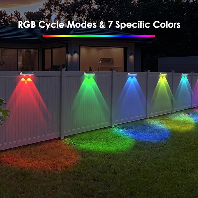 LIANGLOME 2 Pack Solar Fence Lights Outdoor, 2PK Solar Outdoor Light Warm White & RGB Solar Powered Lights for Outside Backyard, Patio, Deck Fence, Stair Handrail, Pool and Wall