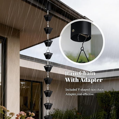 Square Rain Chains for Gutters Outside Black Powder Coated Downspouts Rain Catcher Diverter Metal Outdoor Decorative, 8.5 FT, w/V Gutter Clip for Rain Chains