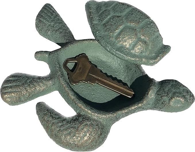 Top Brass Sea Turtle Key Hider Figurine - Cast Iron Garden Statue with Secret Storage Compartment Jewelry Trinket Box - Indoor/Outdoor Ocean Beach Decor