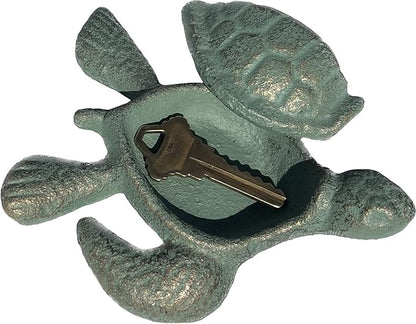 Top Brass Sea Turtle Key Hider Figurine - Cast Iron Garden Statue with Secret Storage Compartment Jewelry Trinket Box - Indoor/Outdoor Ocean Beach Decor