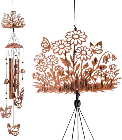 Wind Chimes for Outside, Butterfly & Flower Metal Wind Chimes with Aluminum Tubes for Garden Patio Yard Outdoors Home Decor Birthday Memorial & Housewarming Women Mom Gift Decoration