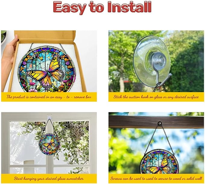 GENANY Butterfly Stained Glass Window Hanging, Sun Catcher with Metal Chain and Hook, Butterfly Spring Ornament Gifts for Women Men, Spring Home Decorations, Floral Themed Housewarming Gifts