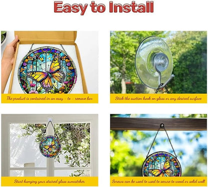 GENANY Butterfly Stained Glass Window Hanging, Sun Catcher with Metal Chain and Hook, Butterfly Spring Ornament Gifts for Women Men, Spring Home Decorations, Floral Themed Housewarming Gifts