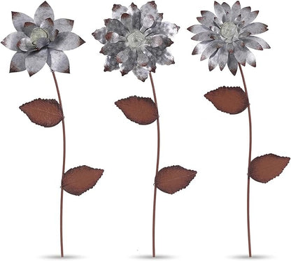 Garden Stakes Decorative, Metal Flowers for Outside, Glow in Dark Yard Lawn Ornaments Plant Pot Flower Bed Decor, Patio, Set of 3, Silver