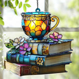 Jesuspirit - Window Hanging Suncatcher – Crystal Clear Acrylic & Wood Sun Catcher for Home Decor, for Women (Floral Book and Tea, 8 Inches)