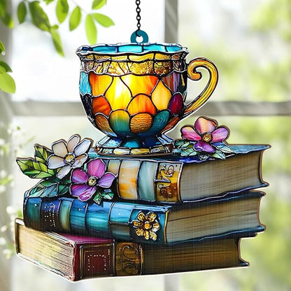 Jesuspirit - Window Hanging Suncatcher – Crystal Clear Acrylic & Wood Sun Catcher for Home Decor, for Women (Floral Book and Tea, 6 Inches)
