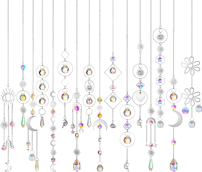 Ysleen 16 Pcs Crystals Suncatcher Colorful Hanging Sun Catcher for Window with Chain Pendant Ornament Prism for Garden Wedding Party Indoor Outdoor Decoration Gift(Silver)