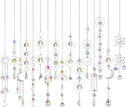 Ysleen 16 Pcs Crystals Suncatcher Colorful Hanging Sun Catcher for Window with Chain Pendant Ornament Prism for Garden Wedding Party Indoor Outdoor Decoration Gift(Silver)
