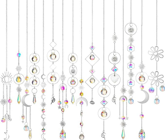 Ysleen 16 Pcs Crystals Suncatcher Colorful Hanging Sun Catcher for Window with Chain Pendant Ornament Prism for Garden Wedding Party Indoor Outdoor Decoration Gift(Silver)