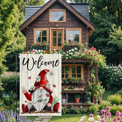 Welcome Garden Flag 12x18 Inch Double Sided with Spring Gnome, Daisies, Ladybugs, and Wooden Fence for Outdoor Yard Decoration