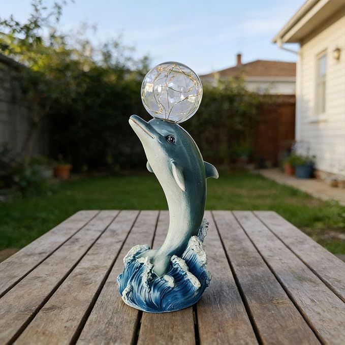 Solar Statue Outdoor,Dolphin Statue with Solar Globe Lights - Ideal Gifts for Dad, Mom or Birthdays, Beautifully Crafted Outdoor Garden Decorations to Wow Your Guests (Dolphin)