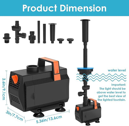 AquaMiracle Submersible Pond Fountain Pump 600GPH | Remote Controlled LED Lights | Outdoor Water Fountain Pump | 3 Fountain Patterns | for Small Ponds, Gardens, Water Feature, Bird Baths