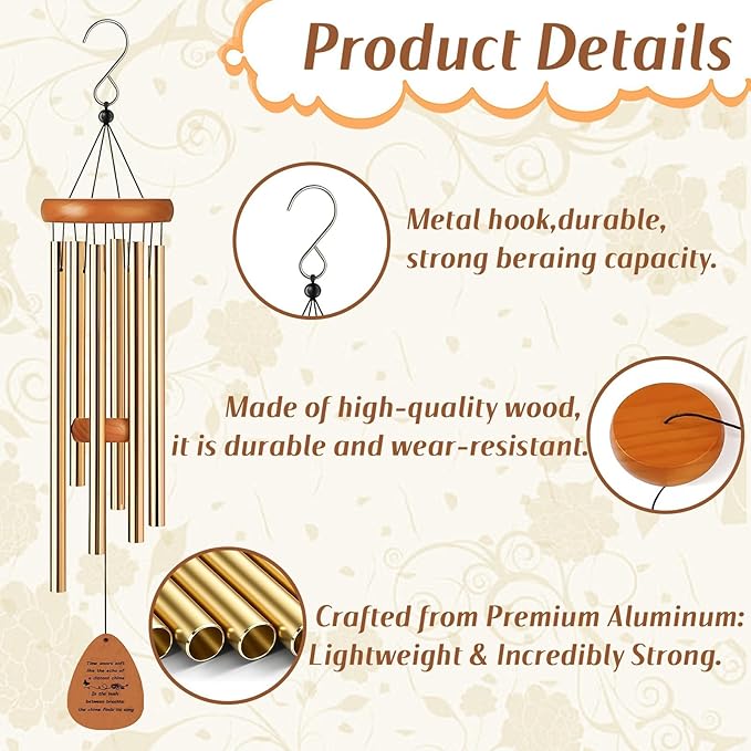 Aluminium Wind Chimes, 26" Wooden Sympathy Wind Chimes, Memorial Wind Chime for Loss of Loved One, Wind Tubes of Sympathy Gift, for Home Decor Outdoor Garden Patio(Golden)