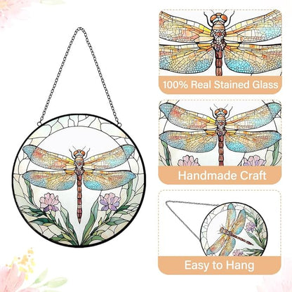 Dragonfly Flower Suncatcher Stained Glass Window Hanging - Dragonflies Decor Sun Catchers Glass Panel - Handmade Suncatchers for Home Garden Ornaments - Mother's Day Birthday Gifts for Women Men Mom