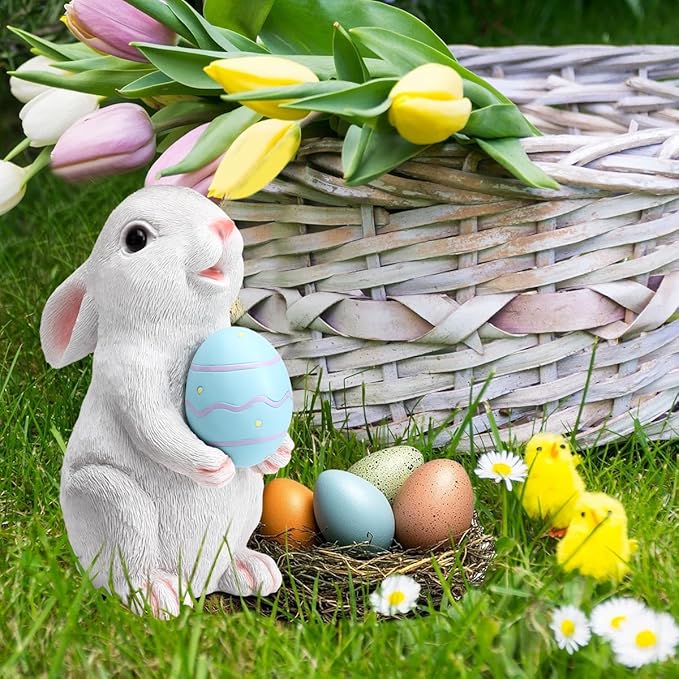 Solar Easter Rabbit Garden Statues Outdoor Easter Decorations Resin Bunny Figurine with Egg Changing LED Lights for Porch Patio Lawn Yard Gardening Gifts for Mom Grandma