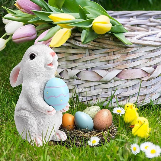 Solar Easter Rabbit Garden Statues Outdoor Easter Decorations Resin Bunny Figurine with Egg Changing LED Lights for Porch Patio Lawn Yard Gardening Gifts for Mom Grandma