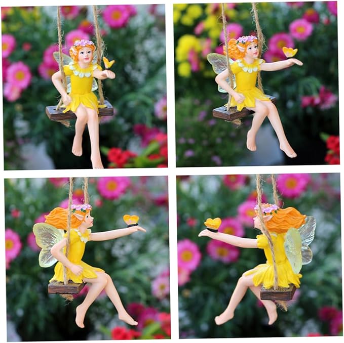Garneck Hanging Flower Fairy Resin Statue Outdoor Swing Decor for Garden Trees Durable Garden Ornament for Home and Patio Decoration