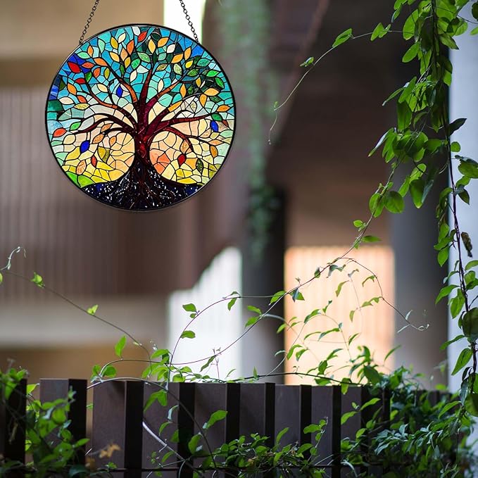 Tree of Life Sun Catcher Stained Glass Window Hanging for Women Home Decor Tree of Life Handmade Sun Catcher Decoration for Garden Home Housewarming Gifts, 7.87inch