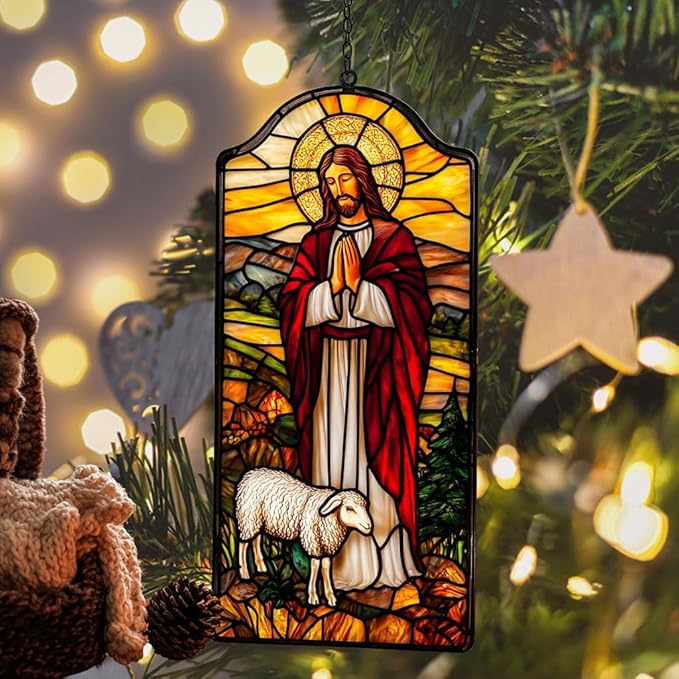 Jesus Acrylic Suncatcher Stained Glass Effect Window Car Hanging Christmas Ornament Indoor Outdoor Decor Garden Memorial Sun Catcher for Family Christmas Jesus Gift for Women Mom Grandma