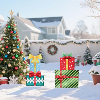WONDER GARDEN Christmas Yard Signs, Metal Gift Boxes Yard Stakes Christmas Outdoor Decorations Freely Mix and Match for Xmas Holiday Outdoor Garden Lawn Pathway Decor