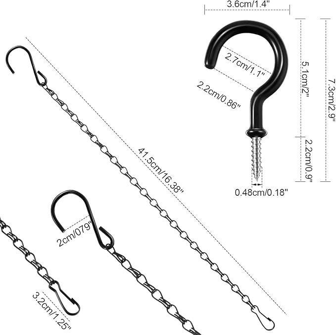 Hotop 8 Pcs Metal Hanging Chains with Ceiling Hooks, Garden Plant Hangers for Hanging Bird Feeders, Billboards, Chalkboards, Basket, Planters, Lanterns, Wind Chimes, Chain Hook DIY(16.38 Inch,Black)