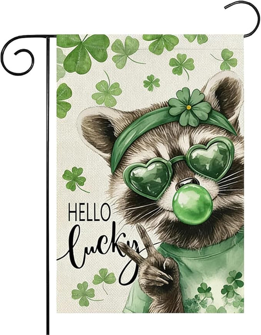 St. Patrick's Day Garden Flag, 12x18 Double Sided Raccoon Lucky Shamrock Garden Flags for Outside, St. Patrick's Day Decorations, Spring Seasonal Flags, Green Luck Clover Yard Flag for Outside Decor