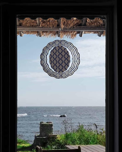 Stainless Steel Wind Spinner for Yard Garden Decoration, Navy Gold Geo Pattern Round Wind Sculpture Spinner 3D Crafts Hanging Ornaments for Indoor Outdoor, 8 Inch
