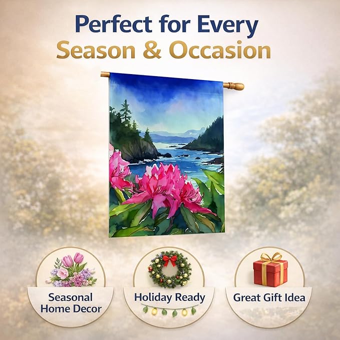Caroline's Treasures Washington Coast Rhododendrons in Watercolor House Flag Large Porch Sleeve Pole Decorative Outside Yard Banner Artwork Wall Hanging, Polyester, House Size, Multicolor