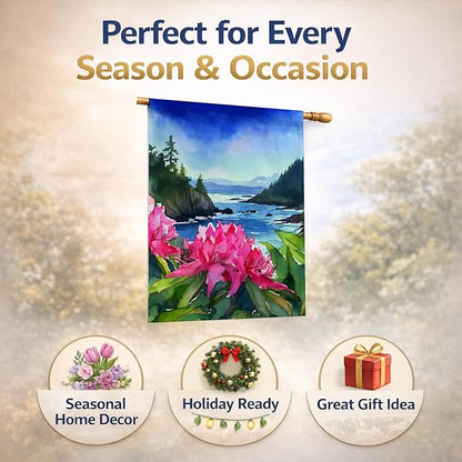 Caroline's Treasures Washington Coast Rhododendrons in Watercolor House Flag Large Porch Sleeve Pole Decorative Outside Yard Banner Artwork Wall Hanging, Polyester, House Size, Multicolor