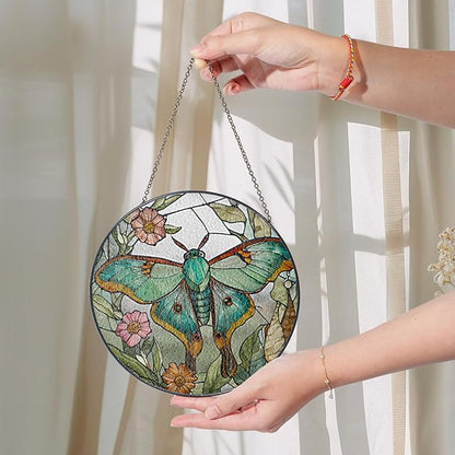 2 Stained Glass 6" Luna Moth Suncatchers Art Glass Monarchs, Luna Moth and Flower Suncatcher Monarchs for Sun Catcher Indoor Window, Gift for Nature Floral Lover Women, Painted Panel Décor
