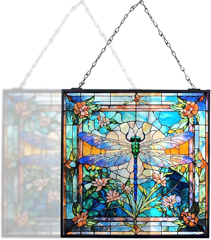 Dragonfly Stained Glass Window Hanging, 8" Stained Glass Dragonfly Sun Catcher for Windows, Suncatcher Panels for Women Christmas Thanksgiving Gift