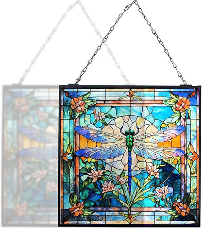 Dragonfly Stained Glass Window Hanging, 8" Stained Glass Dragonfly Sun Catcher for Windows, Suncatcher Panels for Women Christmas Thanksgiving Gift