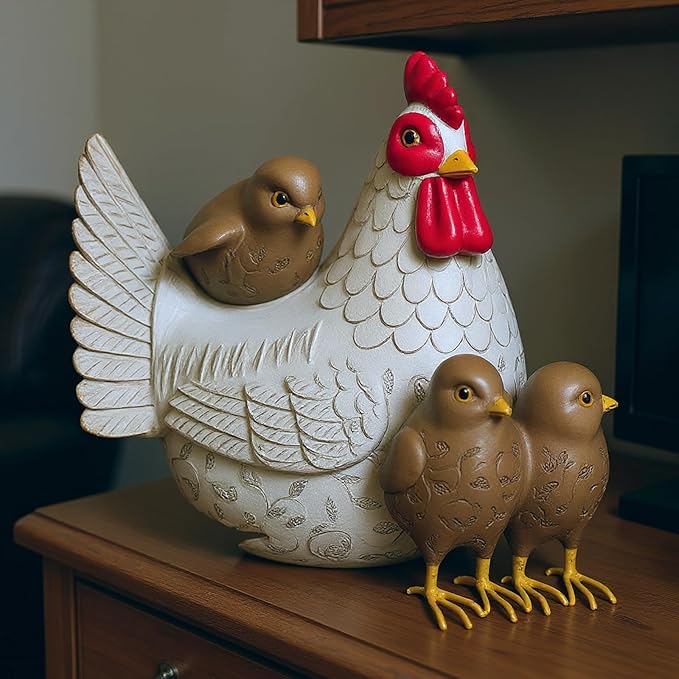 Resin Chicken Statues, Chicken Figurine Ornament Sculpture Decorations for Indoor Outdoor Porch Patio Flower Bed Home Bookshelf Lawn Backyard Landscape, 8.3" H × 8.3" L × 6.3" W