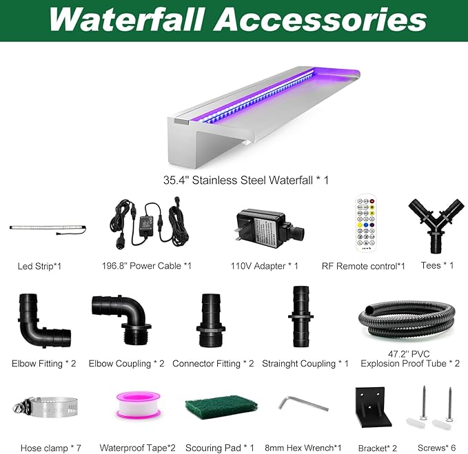 LONGRUN 90cm Pond Waterfall Blade,Stainless Steel Pool Fountain with RGB Bluetooth LED Light, Complete Waterfall & Stream Kits for Outdoor Water Features