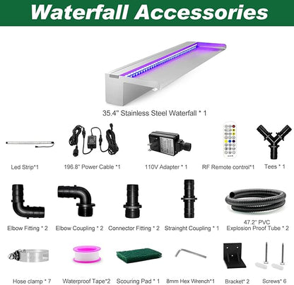 LONGRUN 90cm Pond Waterfall Blade,Stainless Steel Pool Fountain with RGB Bluetooth LED Light, Complete Waterfall & Stream Kits for Outdoor Water Features