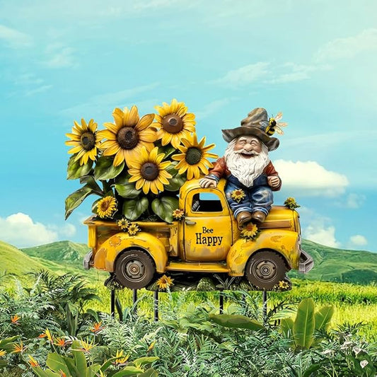 Garden Stake Decor, Acrylic 2D Flat Cute Animal Statue, Fairy Sculptures Ornament Indoor Outdoor Yard Lawn Pot Plant Decorative Accessories (A Truck Filled with Sunflowers)