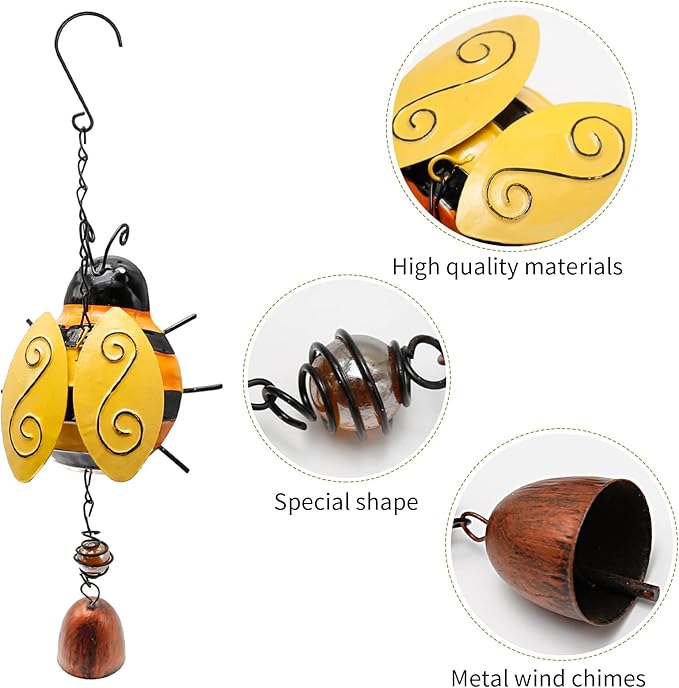 2 Pcs Metal Bee Wind Bells, Small Insect Chime Decor for Garden Yard Patio, Lucky Hanging Rustic Home Ornament, Indoor Outdoor Iron Stereo Hanging Bell