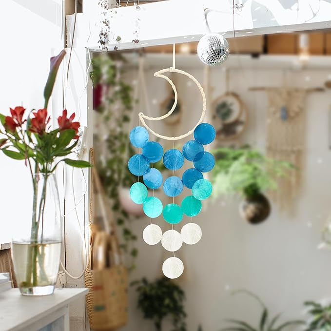 Capiz Wind Chimes for Outside, Outdoor Seashell Hanging Beach Coast Ocean Home Decorative, Unique Natural Shell Waterfall Windchimes for Summer Patio, Great Memorial Gift（Gradient Blue