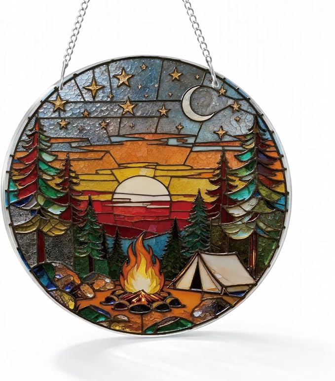 Camping Life Acrylic Suncatcher, Christmas Tree Decor Ornaments, Window Hanging Nature Round Sun Catcher, Forest Window Wall Art for Home Office Decoration, Gift for Camping Lover