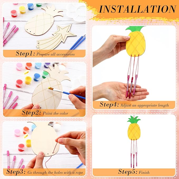 Tuanse 24 Pcs Wind Chime Kit for Kids DIY Wooden Animal Fruit Wind Chimes Crafts for Outside Spring Girls Boys Christmas Home Classroom Activity Garden Summer Decoration,Party Gift(Cute)