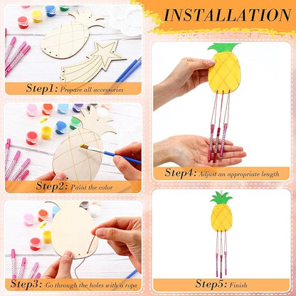 Tuanse 24 Pcs Wind Chime Kit for Kids DIY Wooden Animal Fruit Wind Chimes Crafts for Outside Spring Girls Boys Christmas Home Classroom Activity Garden Summer Decoration,Party Gift(Cute)