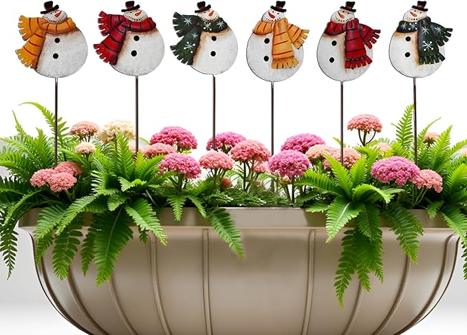 K KILIPES 16" H Snowman Christmas Decorations Outdoor Yard Signs, 6Pcs Rustic Metal Snowman Garden Stake Lawn Ornaments Xmas Yard Decor for Winter Holiday Christmas Outside Yard Lawn Planter Decor
