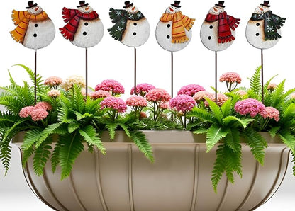 K KILIPES 16" H Snowman Christmas Decorations Outdoor Yard Signs, 6Pcs Rustic Metal Snowman Garden Stake Lawn Ornaments Xmas Yard Decor for Winter Holiday Christmas Outside Yard Lawn Planter Decor