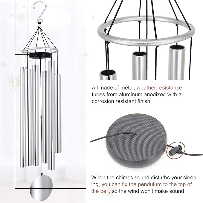 ASTARIN Premium 45-Inch Deep Tone Wind Chimes with 6 Metal Tubes - Elegant Memorial Chime for Mom, for Housewarming and Christmas Silver