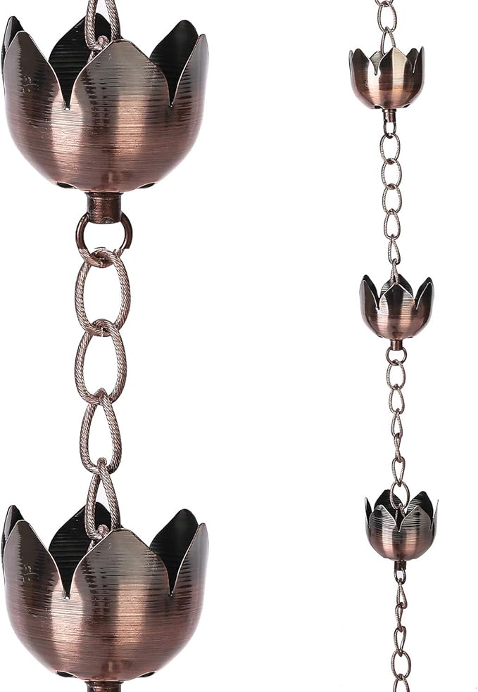Topadorn Flower Shaped Metal Rain Chains, 8 Cups Rain Catcher Chain for Gutters, Adjustable Length Downspout Replacement, Outdoor Garden Rain Drainage Decor