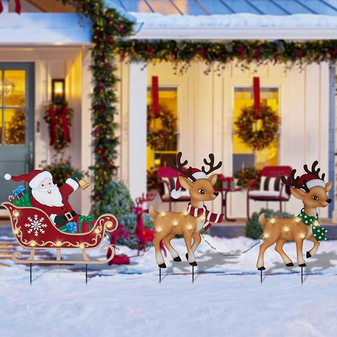Afirst Christmas Yard Stakes Lighted Up Metal Christmas Outdoor Decorations with Lights Santa Claus On Sleigh Reindeers Lighted Metal Yard Stakes Xmas Garden Stake Lawn Pathway Outdoor Decoration
