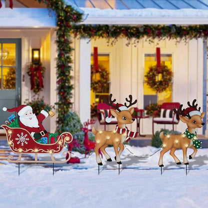 Afirst Christmas Yard Stakes Lighted Up Metal Christmas Outdoor Decorations with Lights Santa Claus On Sleigh Reindeers Lighted Metal Yard Stakes Xmas Garden Stake Lawn Pathway Outdoor Decoration
