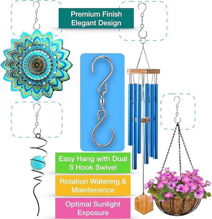 HS's Creation 6 Pack Dual Swivel S Hooks for Indoor Outdoor Organization Spinning Hanger Wind Chimes Spinner Prism Windsocks Hanging Plant Hanging Crystal Ornaments Rainbow Maker Pendant Etc.