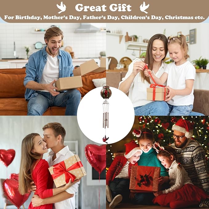 Solar Wind Chimes for Outdoor, Cardinal Garden Decorations Memorial Wind Chimes Deep Tone, Sympathy Windchimes with Detachable Solar Lanterns for Outside Garden Décor, Gifts for Mom, Grandma-Cardinal